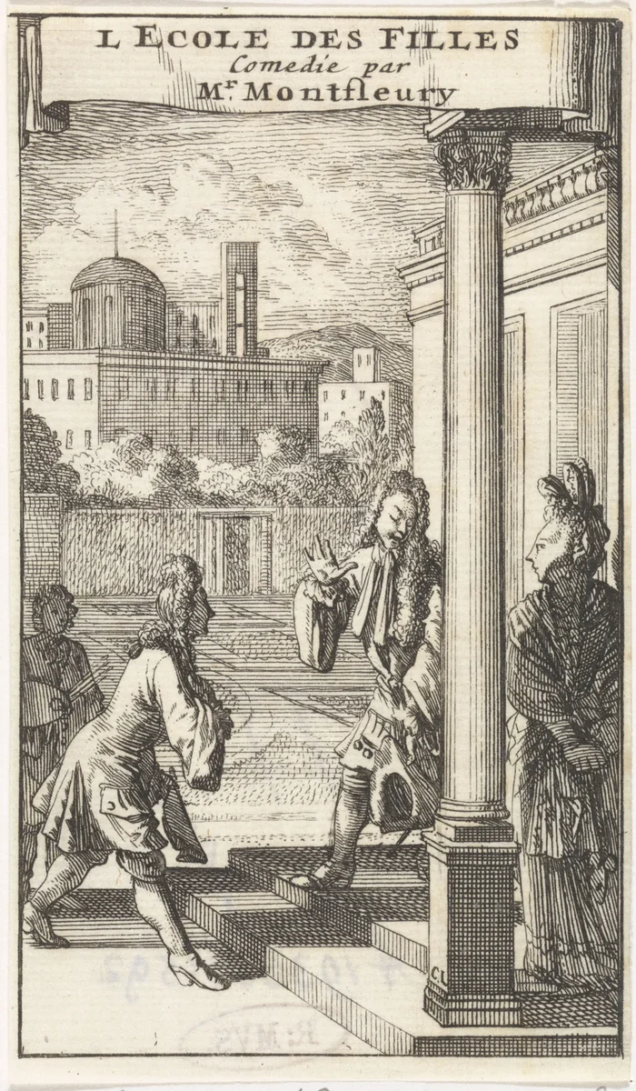 Isabelle wordt op de stoep voor haar woning begroet door Don Jouan en Don Carlos by Caspar Luyken, print, 1698