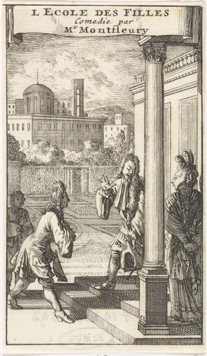 Isabelle wordt op de stoep voor haar woning begroet door Don Jouan en Don Carlos by Caspar Luyken, print, 1698