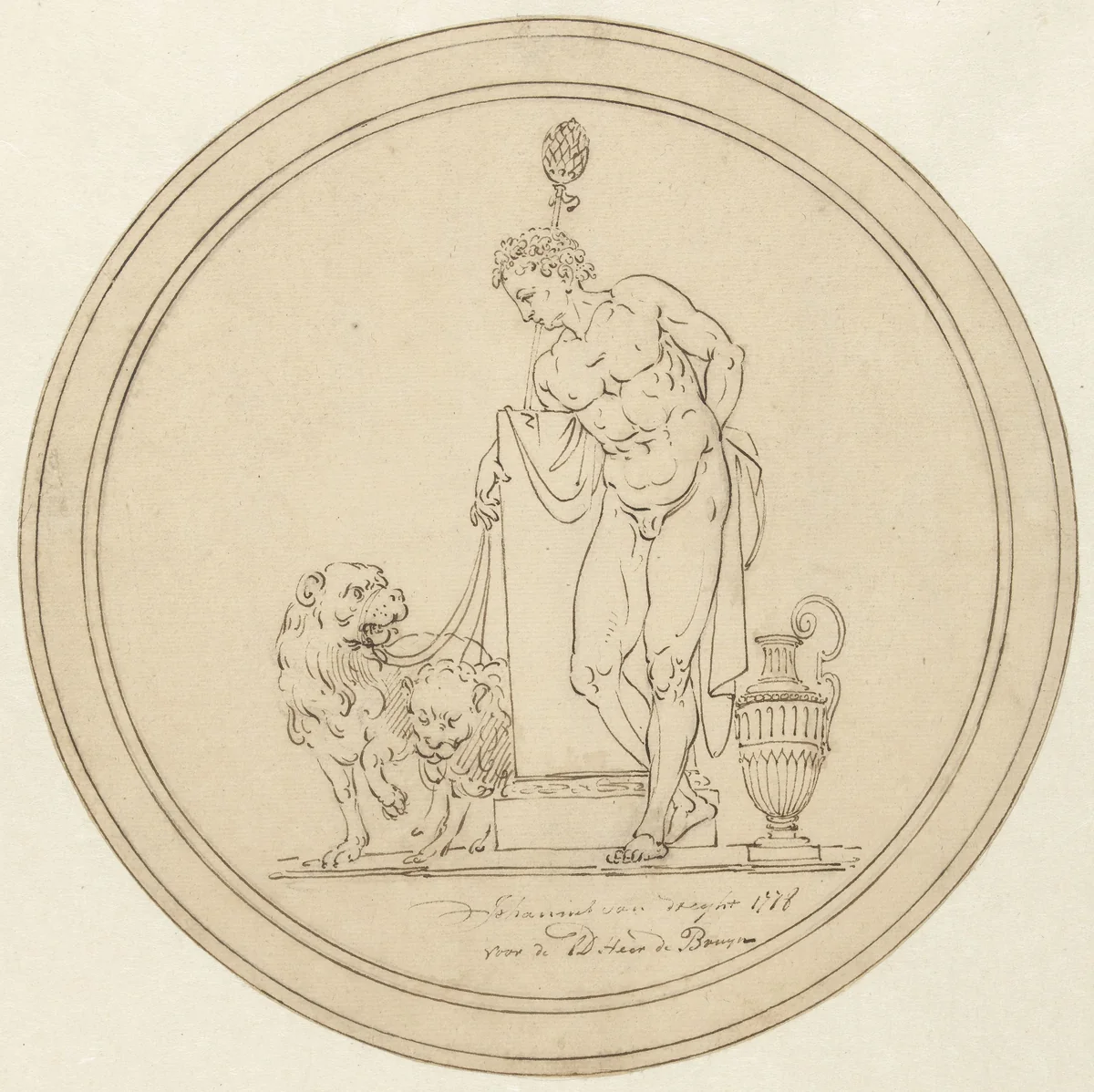 Allegorische mansfiguur, staande met twee leeuwen by Johannes van Dregt, drawing, 1778
