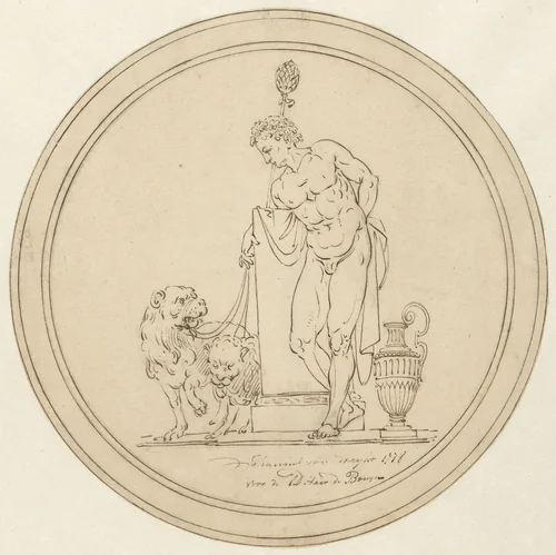 Allegorische mansfiguur, staande met twee leeuwen by Johannes van Dregt, drawing, 1778