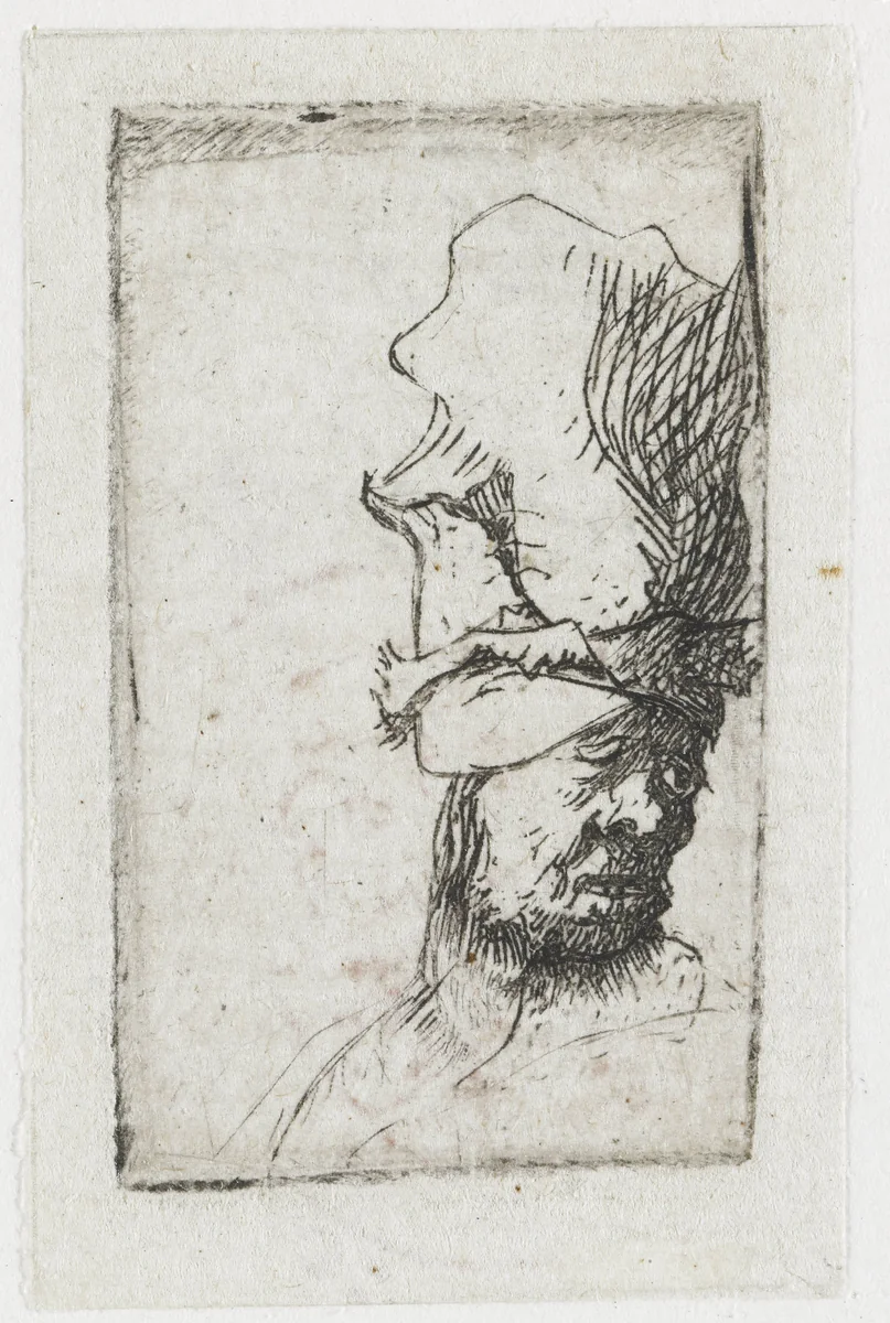 Head of a man in a high cap by Rembrandt van Rijn, print, 1629
