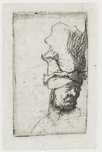 Head of a man in a high cap by Rembrandt van Rijn, print, 1629