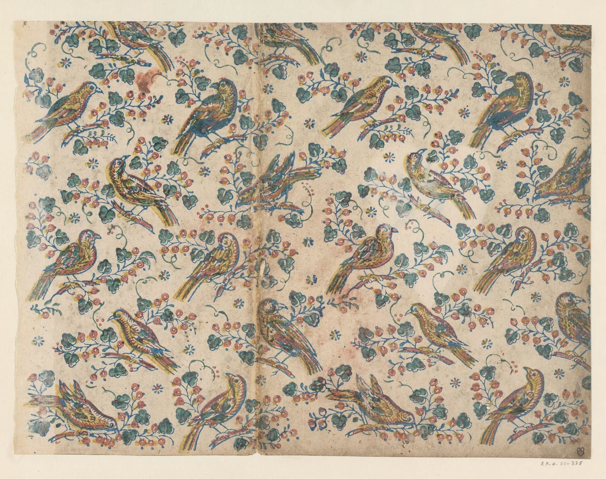Blad met vogels op ranken met bloemen en vruchten by anonymous, other, 1700-1850