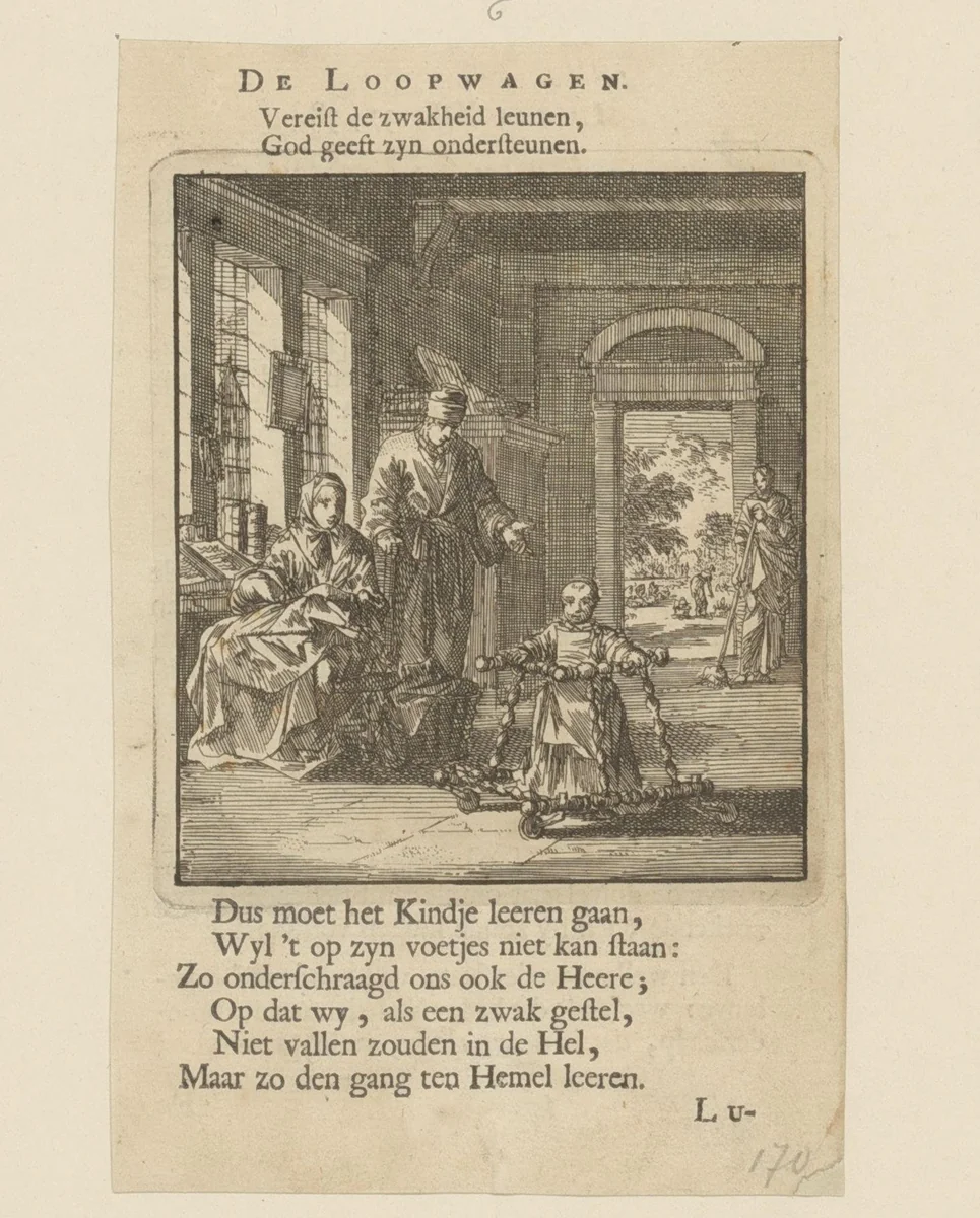 Kind in een loopwagen by Jan Luyken, print, 1712