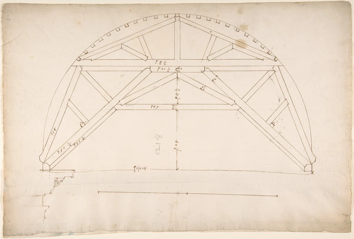 St. Peter's, centering truss, tunnel vault, section (recto) blank (verso) by anonymous, drawing, 1500-1560