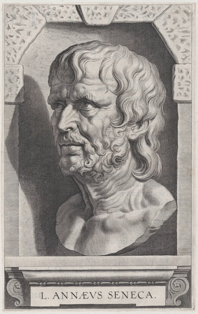 The bust of Seneca, in a stonework niche by Cornelis Galle, print, 1610-1620