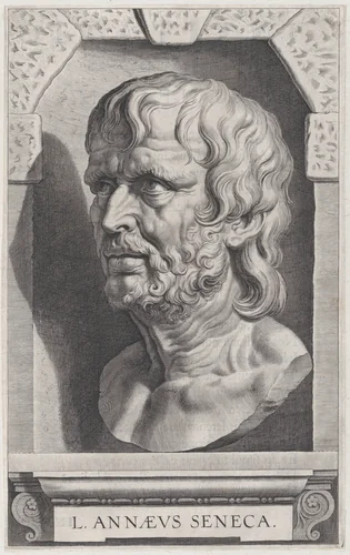 The bust of Seneca, in a stonework niche by Cornelis Galle, print, 1610-1620