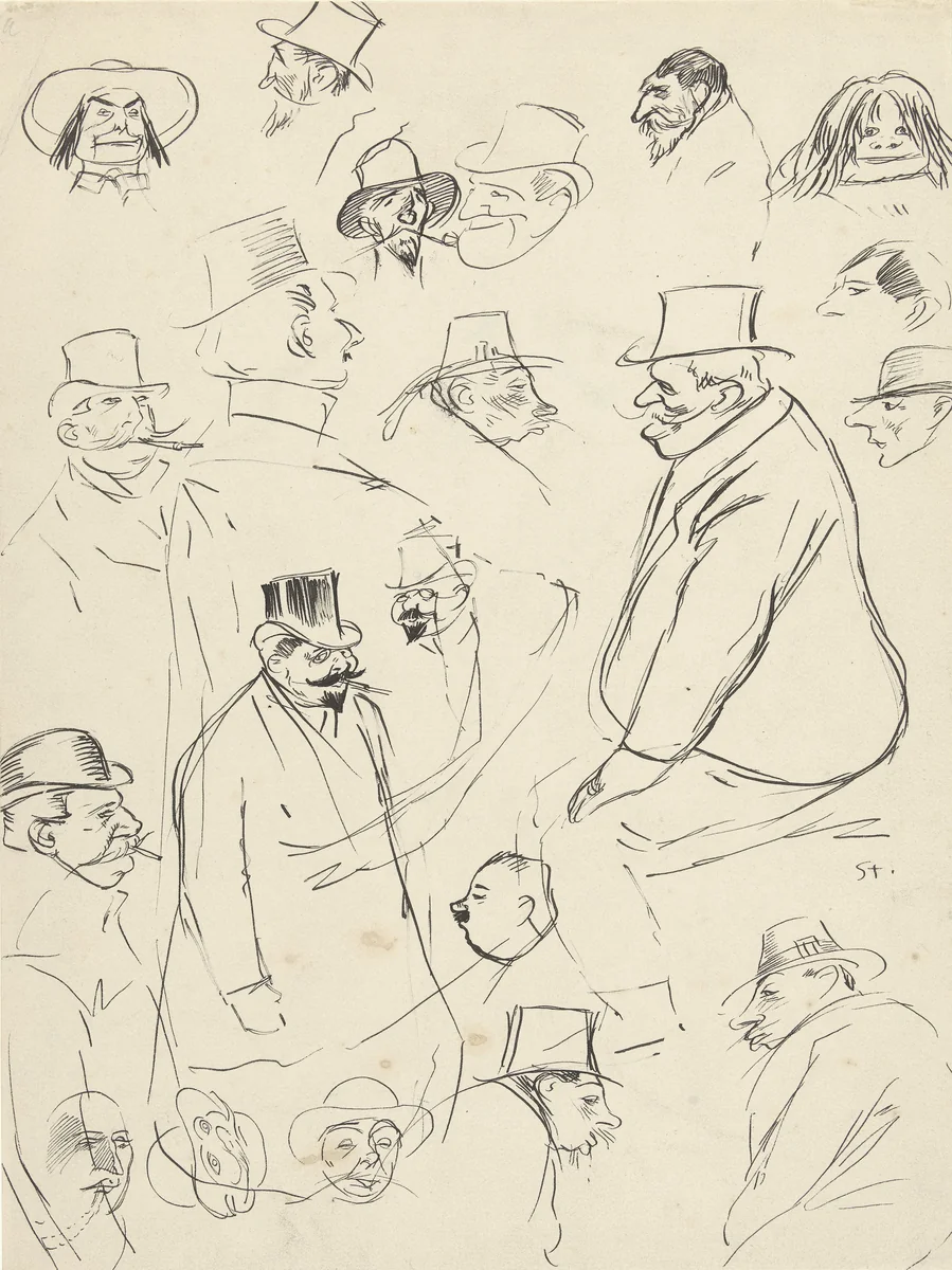 Karikaturale portret- en figuurstudies van mannen by Théophile Alexandre Steinlen, drawing, 1869-1923