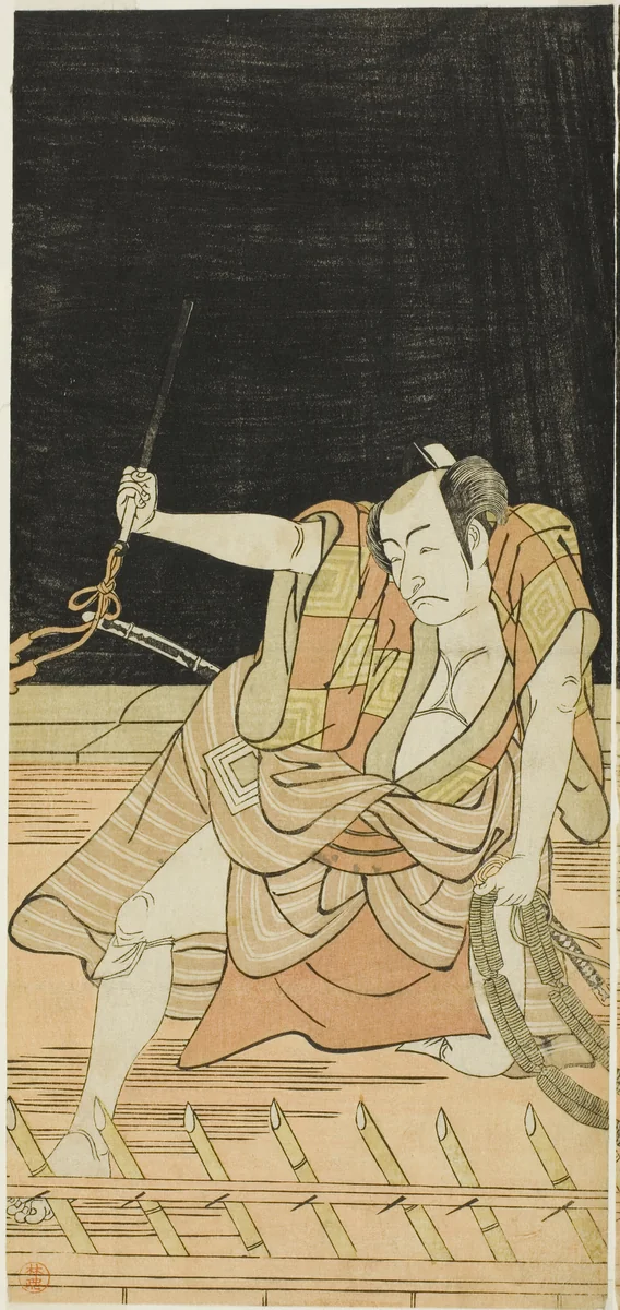 Actors Nakamura Nakazô I as Danshichi Kurobei and Ichikawa Danjûrô V as Issun Tokubei in “Mirror of Osaka in the SummerFestival” (“Natsu MatsuriNaniwa Kagami”) by Katsukawa Shunkō (勝川春好), print, 1774-1784