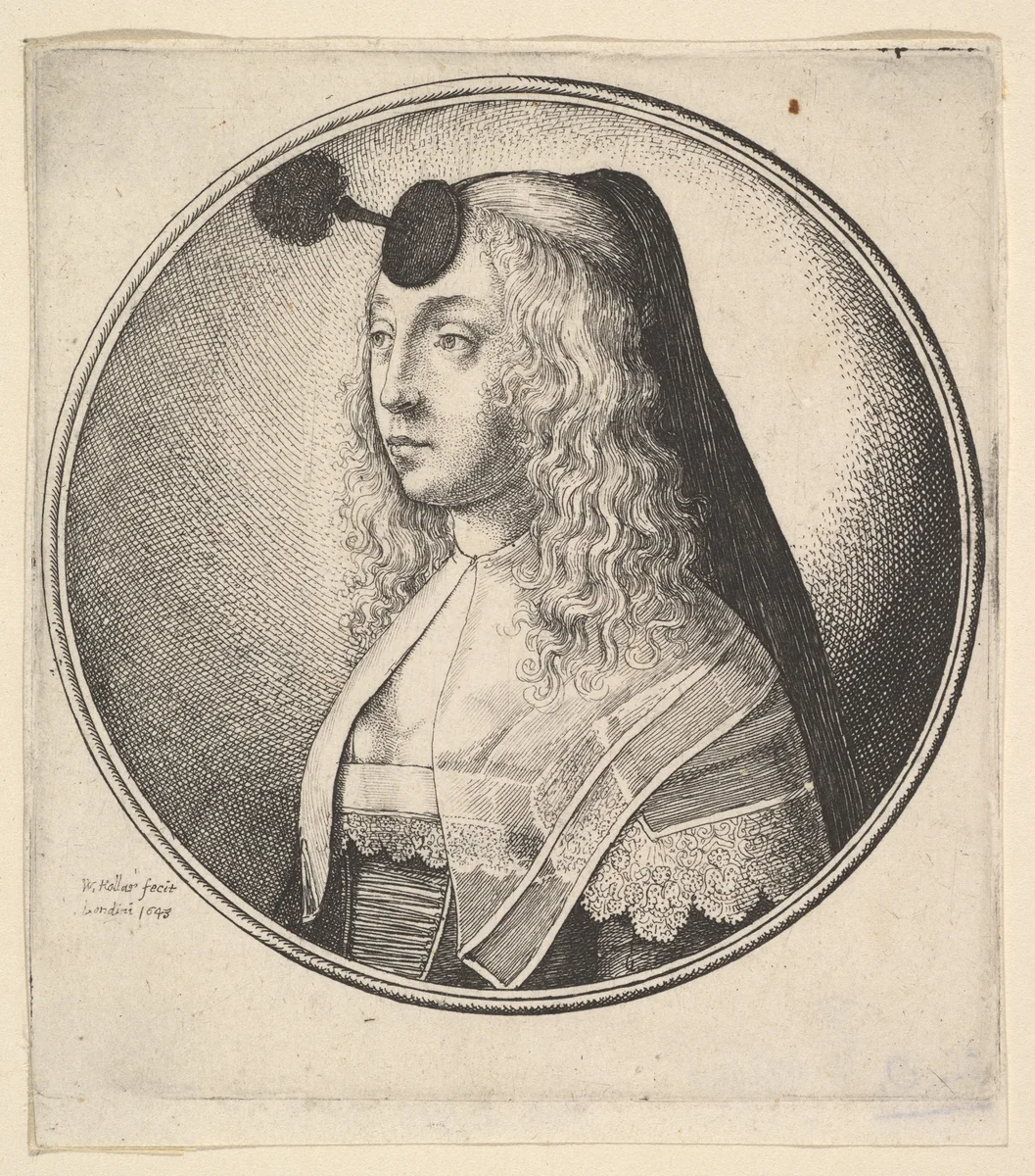 Woman with houpette on forehead turned to left by Wenceslaus Hollar, print, 1643