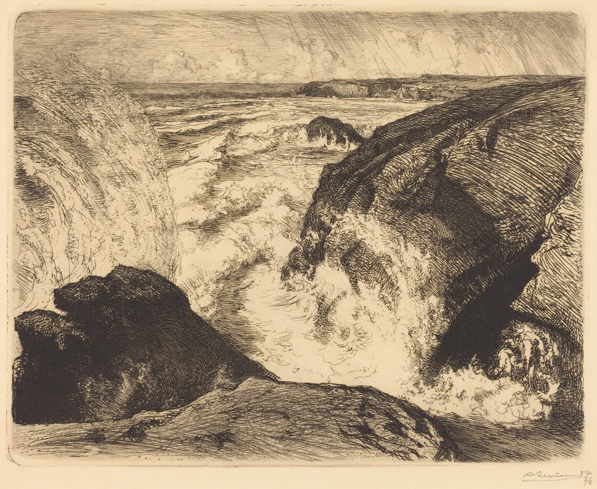 Spring Tide, Rocks of Zion (Grande maree, rochers de Sion, Vendee) by Auguste Lepère, print, 1907