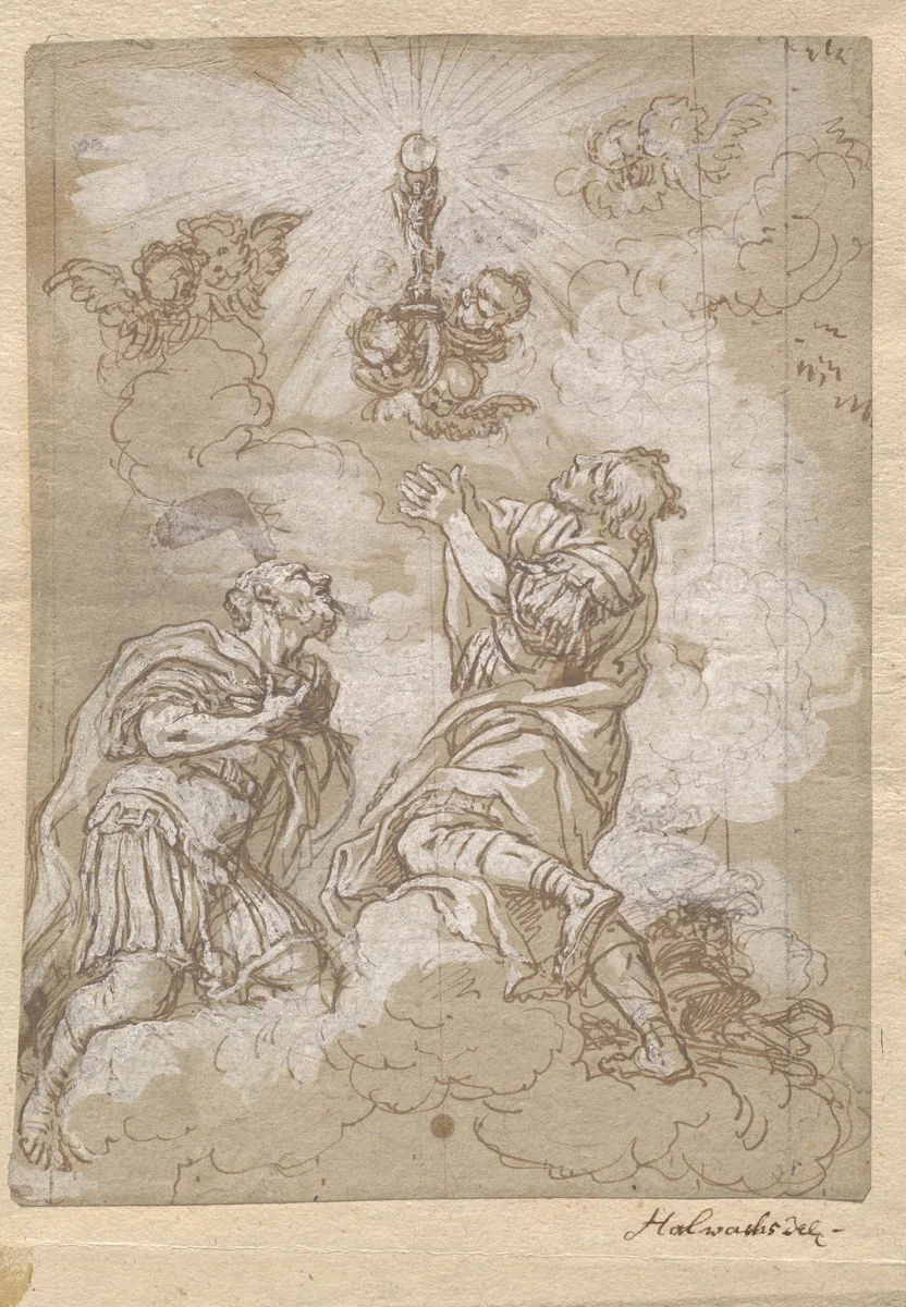 Two Soldier Saints Adoring the Host by Michael Wenzel Halbax, drawing, 1680-1700