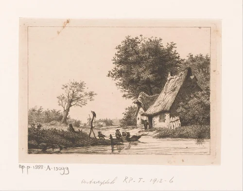 Riviergezicht met vissers bij Kruibeke by Jean Théodore Joseph Linnig, print, 1842