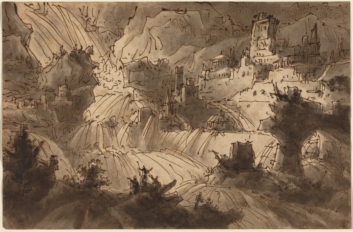 Mountain Torrents Flooding a City by Antonio Basoli, drawing, 1839