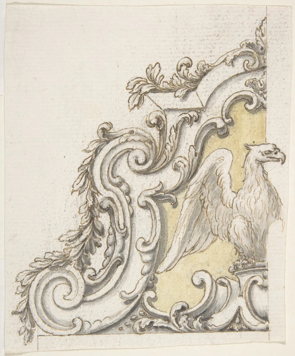Design for a Sculptural Ornament With an Eagle, Volutes and Leaves by Giovanni Battista Foggini, drawing, 1652-1725