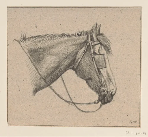 Hoofd van een paard met oogkleppen, naar rechts by Jean Bernard, drawing, 1815