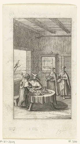 Willemynken negeert twee geestelijken met het heilige sacrament by Boëtius Adamsz. Bolswert, print, 1590-1627