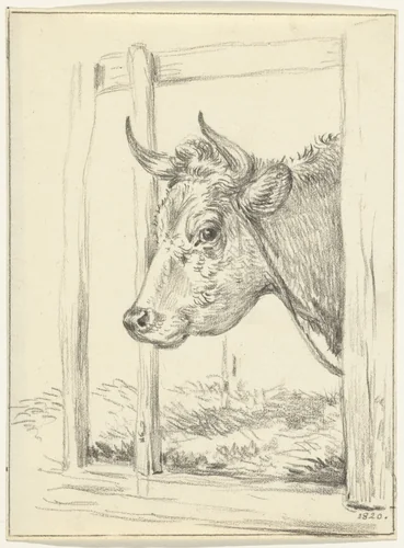 Kop van een koe, in een stal, naar links by Jean Bernard, drawing, 1820