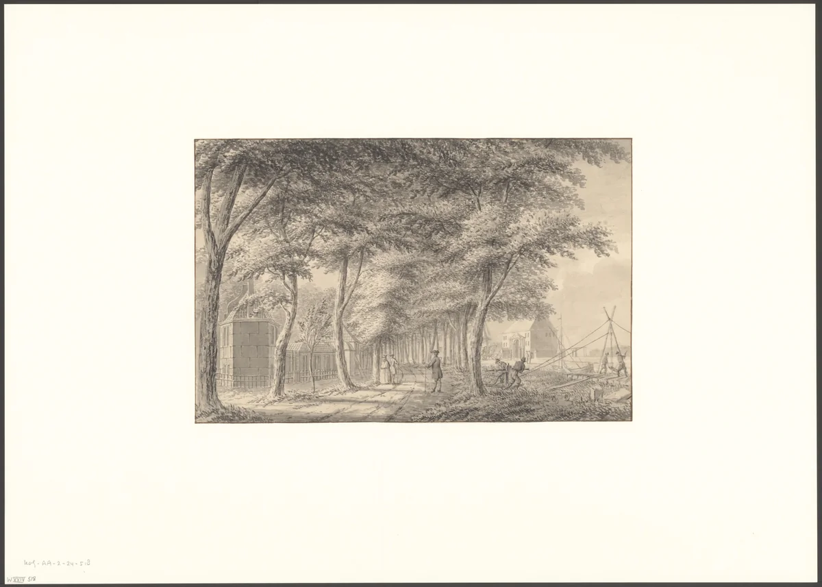 Gezicht op de oude Muiderpoort vanaf de Plantage Muidergracht by anonymous, drawing, 1700-1769