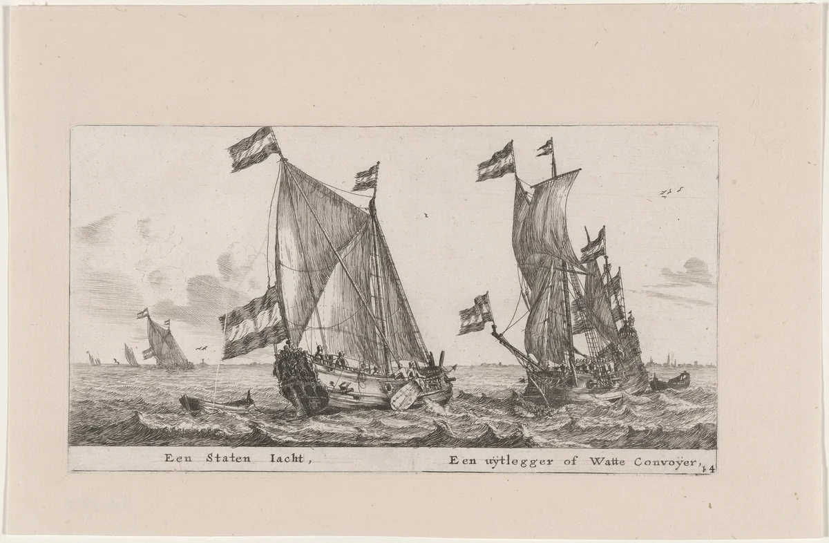 A States Yacht and an "Uijtlegger" or Escort Vessel for the Waddenzee by Reinier Nooms, print, 1647-1657