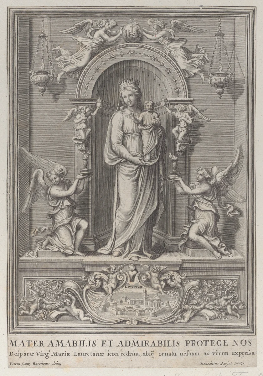 Madonna of Loreto, within a niche with an angel on either side by Benoit Farjat, print, 1650-1724