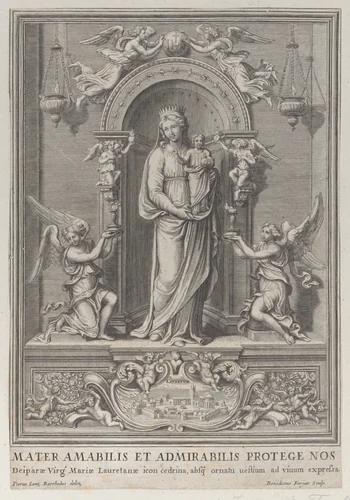 Madonna of Loreto, within a niche with an angel on either side by Benoit Farjat, print, 1650-1724