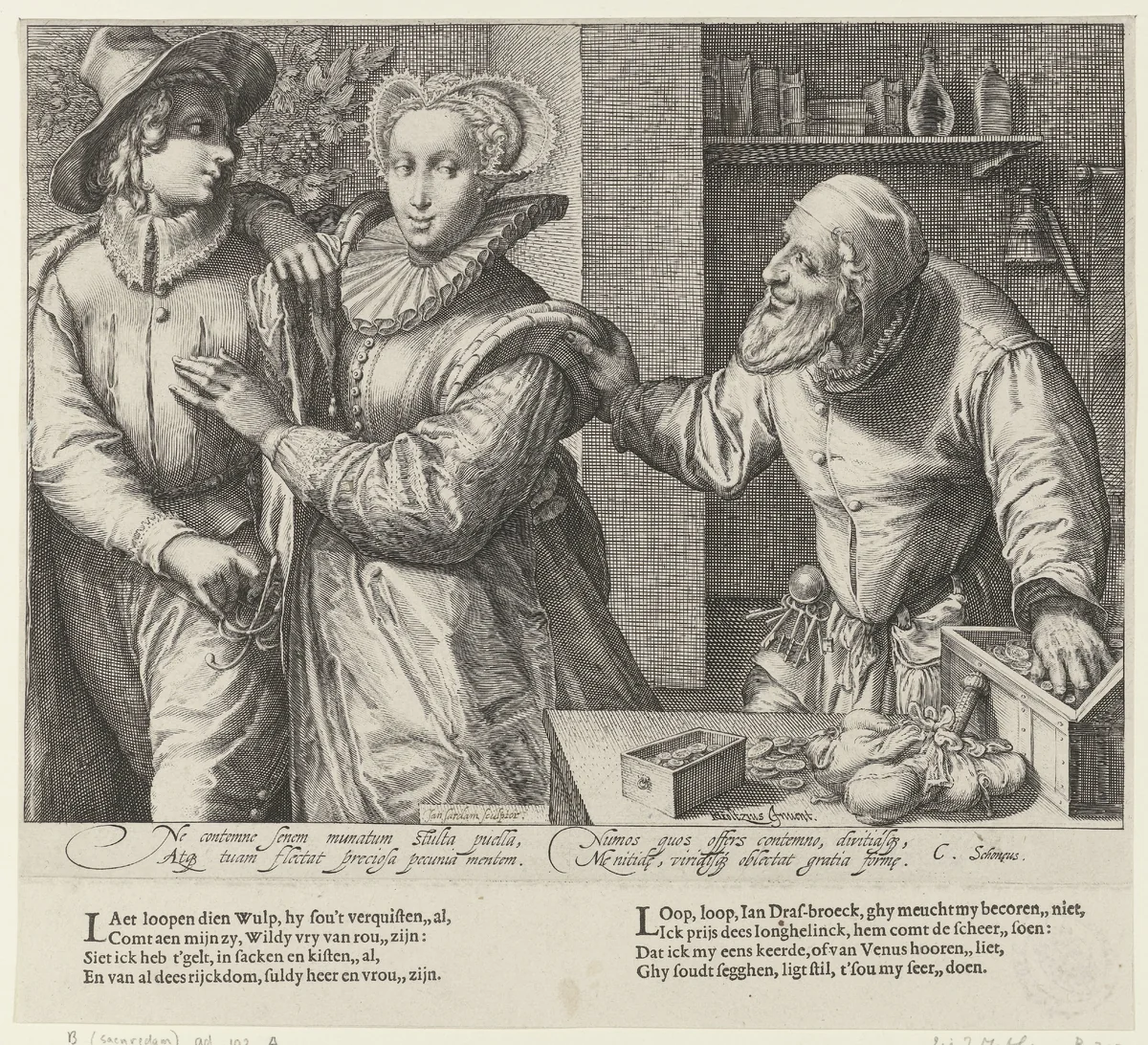 Jong paar en een oude man met geldkist (Ongelijke liefde) by Jan Saenredam, print, 1589-1607