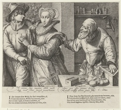 Jong paar en een oude man met geldkist (Ongelijke liefde) by Jan Saenredam, print, 1589-1607
