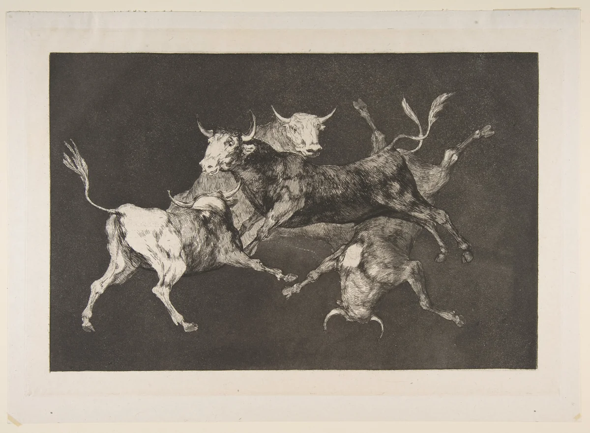 'Little Bulls' Folly' from the 'Disparates' (Follies / Irrationalities, Plate D) by Goya, print, 1810-1820