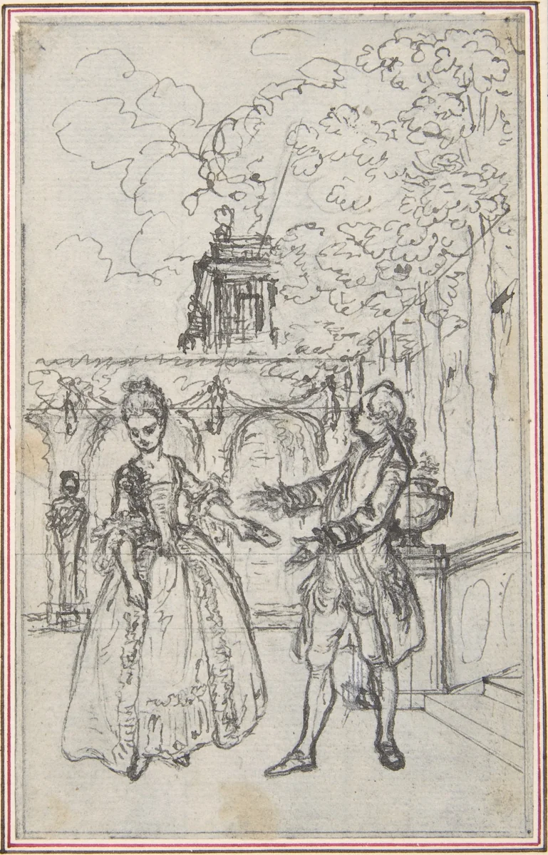 Design for a Scene in Pierre de Laujon's "L'Amoureux de quinze ans, ou la Double-Fête..." by Hubert François Gravelot, drawing, 1766-1776