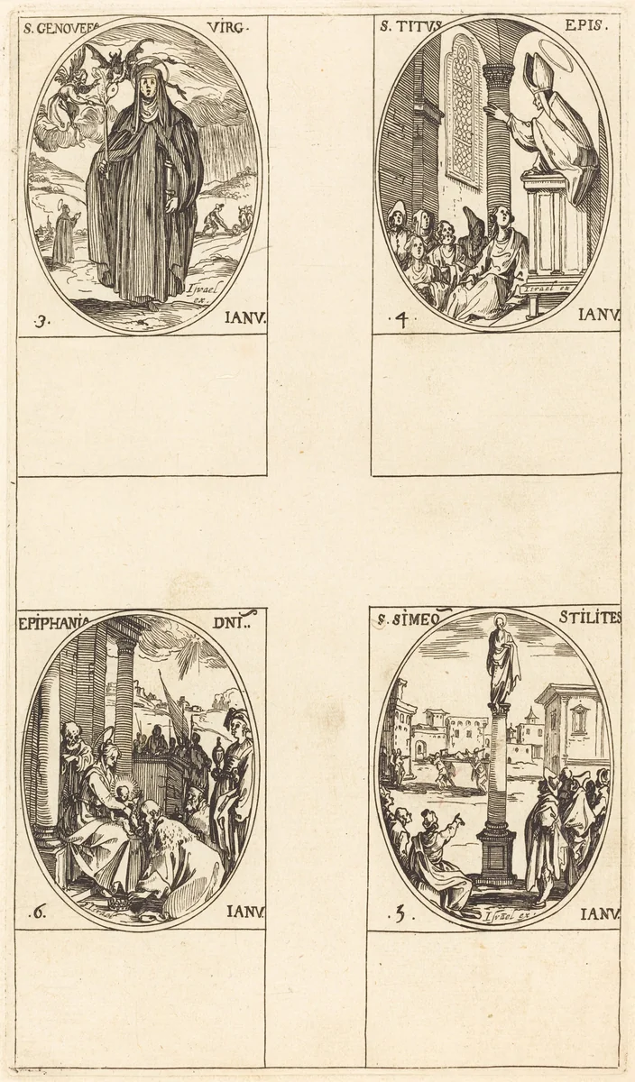 St. Genevieve; St. Titus; St. Simeon Stylites; Epiphany by Jacques Callot, print, 1627-1637