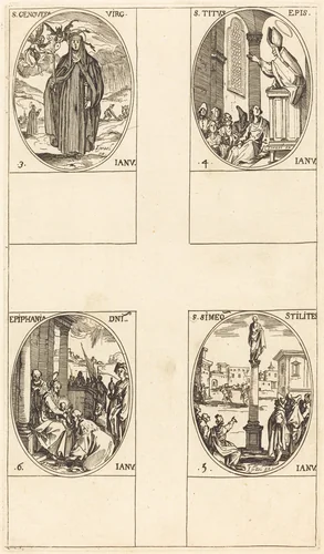 St. Genevieve; St. Titus; St. Simeon Stylites; Epiphany by Jacques Callot, print, 1627-1637