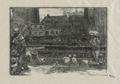 Unloaders of Plaster (Canal St. Martin) by Auguste Louis Lepère, print, 1890
