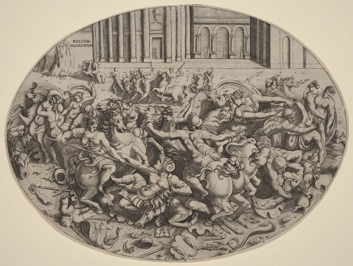 The Battle of the Amazons [recto] by Enea Vico, print, 1543