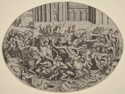 The Battle of the Amazons [recto] by Enea Vico, print, 1543