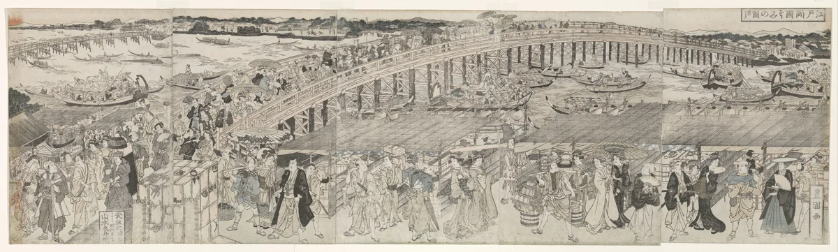 Uitzicht: genieten van de avondbries bij de Ryogokubrug by Utagawa Toyokuni, print, 1811