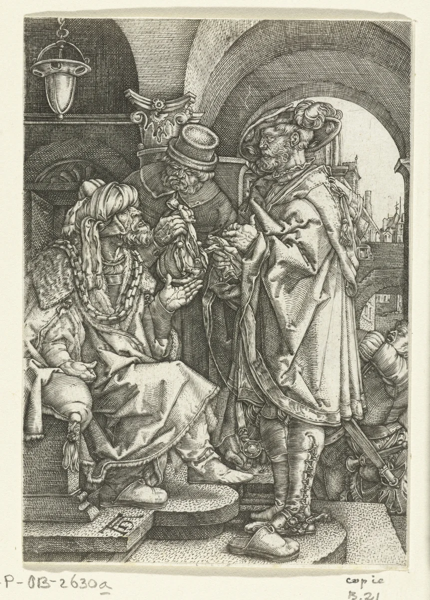 De verloren zoon vraagt om zijn erfenis by anonymous, print, 1528-1610