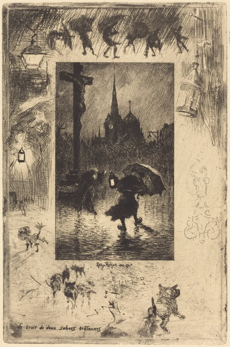 Le bruit de deux sabots traînant... (The sound of two clogs shuffling...) by Félix-Hilaire Buhot, print, 1878