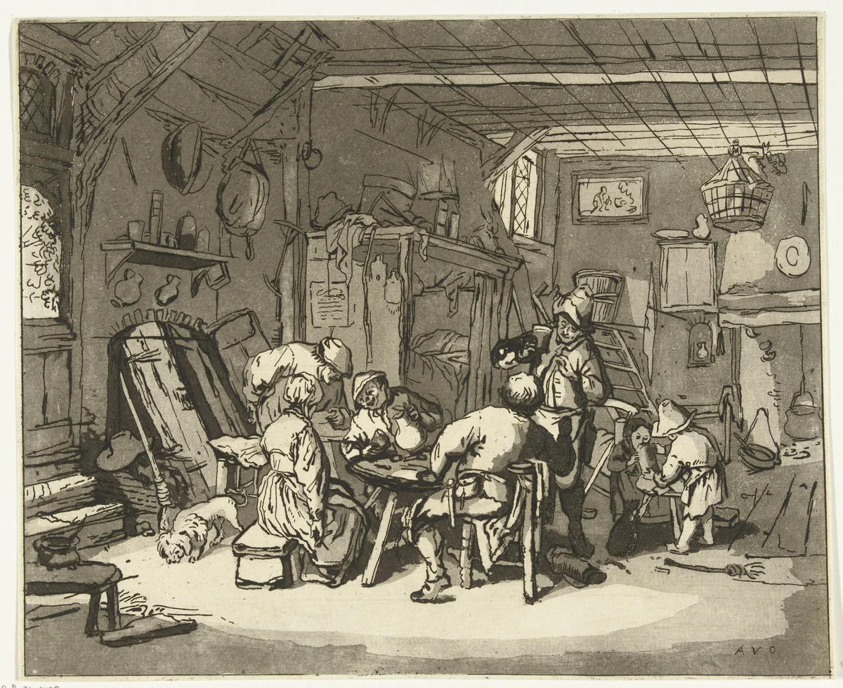 Boereninterieur by Anthonie van den Bos, print, 1778-1838