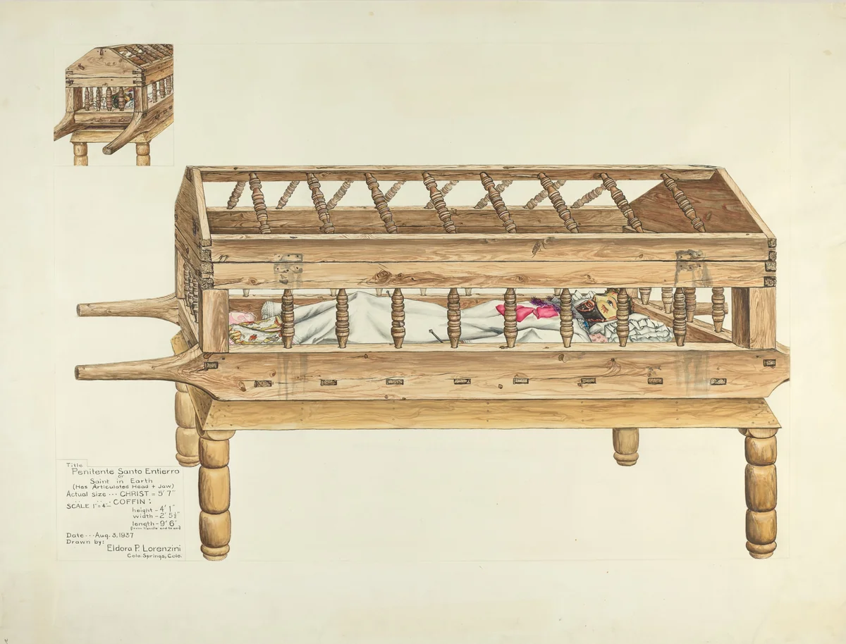 Wooden Coffin and Penitente Santo Entierro (Penitent Saint in Earth) by Eldora P. Lorenzini, index of american design, 1937