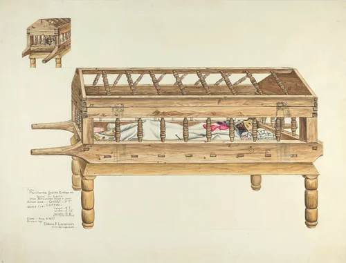 Wooden Coffin and Penitente Santo Entierro (Penitent Saint in Earth) by Eldora P. Lorenzini, index of american design, 1937