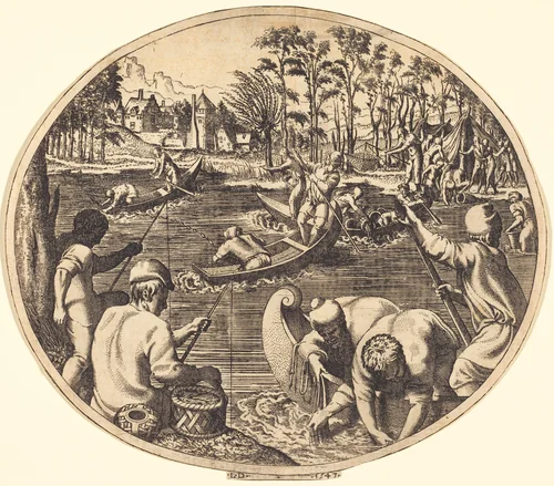 Fishing Scene by Léon Davent; Francesco Primaticcio, print, 1547