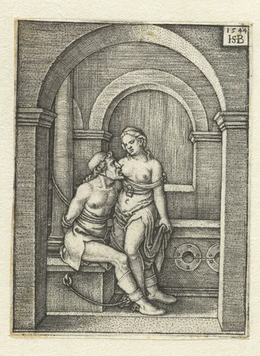 Pero zoogt geketende Cimon in gevangenis by Unknown, print, 1544