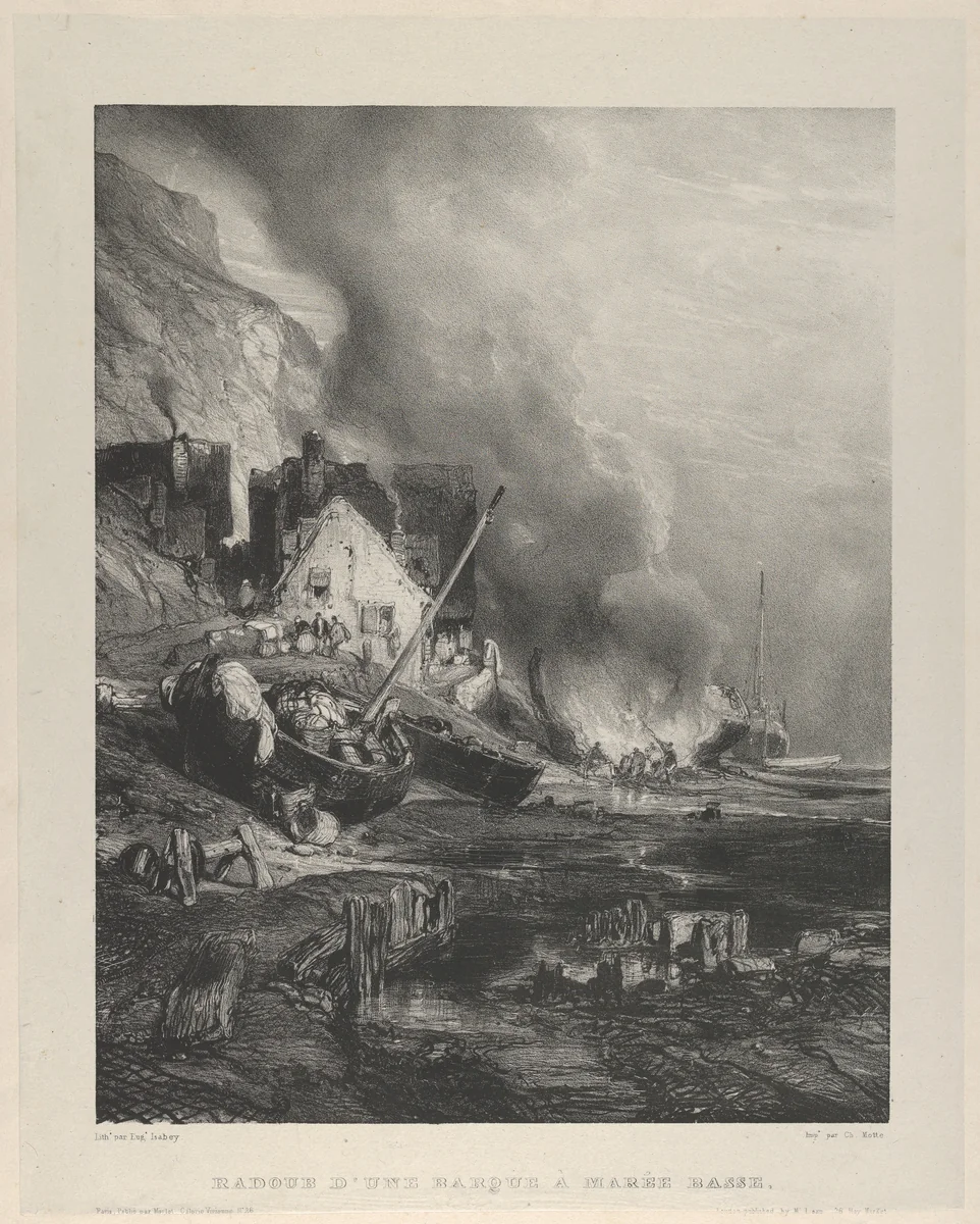 Refitting of a Ship at Low Tide by Eugène Isabey, print, 1833