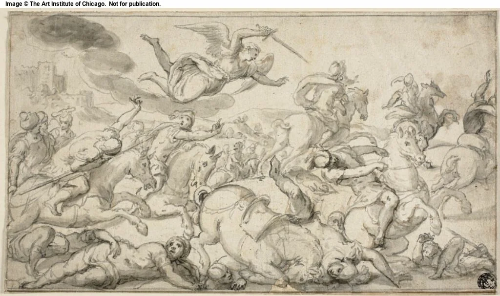 Battle Scene with Horsemen Fleeing from Avenging Angel by Dirck Hals, drawing, 1645-1655