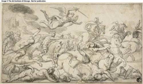 Battle Scene with Horsemen Fleeing from Avenging Angel by Dirck Hals, drawing, 1645-1655