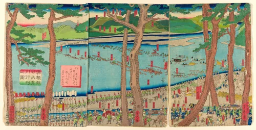 Procession of Minamoto no Yoritomo across the Oi River (Minamoto Yoritomo ko Oikawa gyoretsu zu) by Utagawa Sadahide, print, 1863