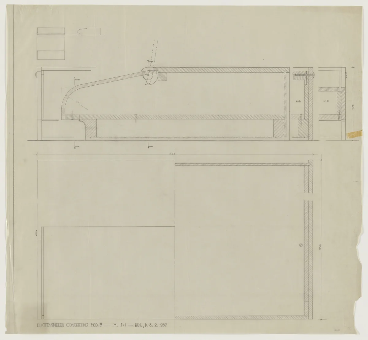 Design for Telefunken Record Player, Model 3, Concertino record-player. Elevations, plan, and sections by Lilly Reich, mies van der rohe archive, 1939