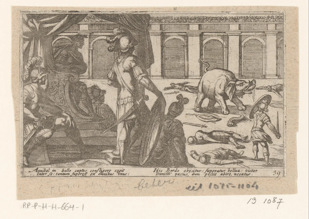 Gladiatoren vechten met een olifant in een arena by Antonio Tempesta, print, 1605