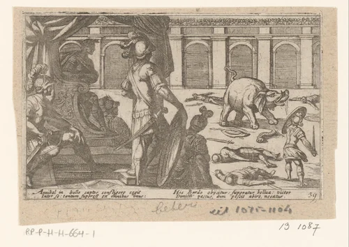 Gladiatoren vechten met een olifant in een arena by Antonio Tempesta, print, 1605
